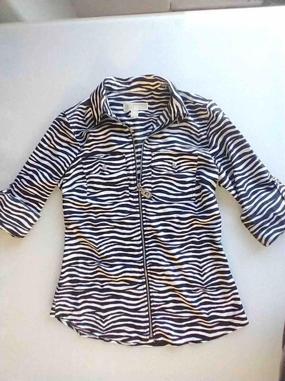 Michael Kors Zebra Print Zip-Front Roll-Tab Utility Lightweight Blouse XS